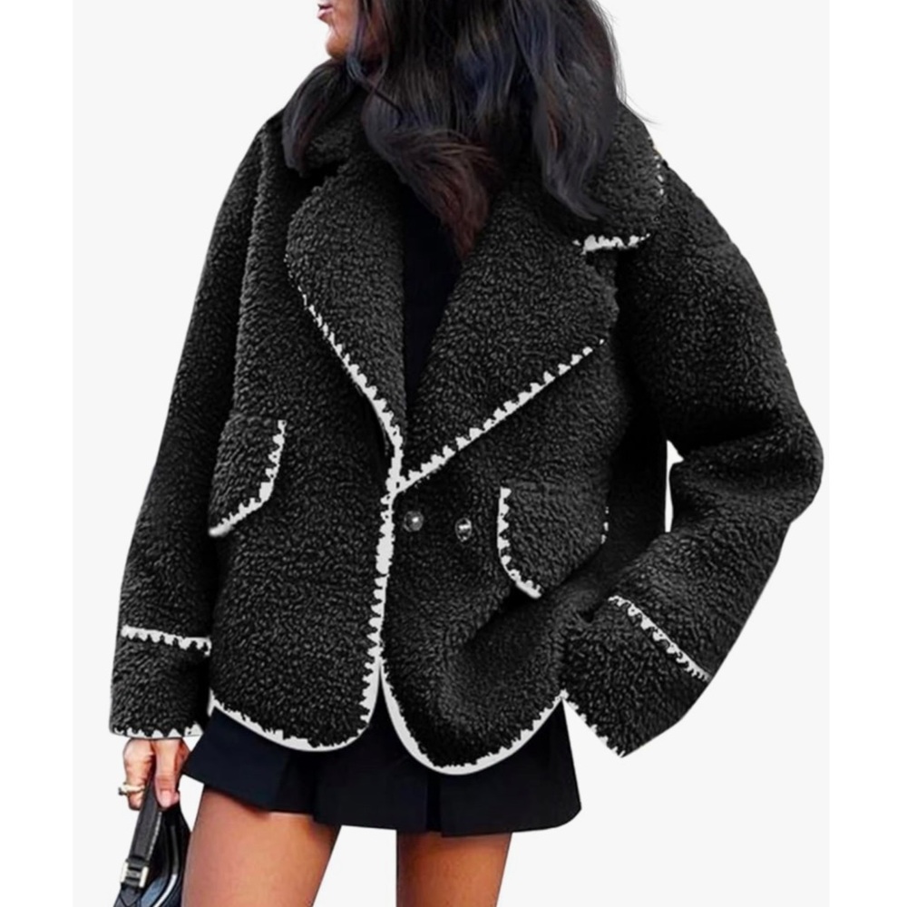 CHOUYATOU • Sherpa Fleece Jacket Casual Collar Fuzzy Coat Contrast Trims - Picture 2 of 8